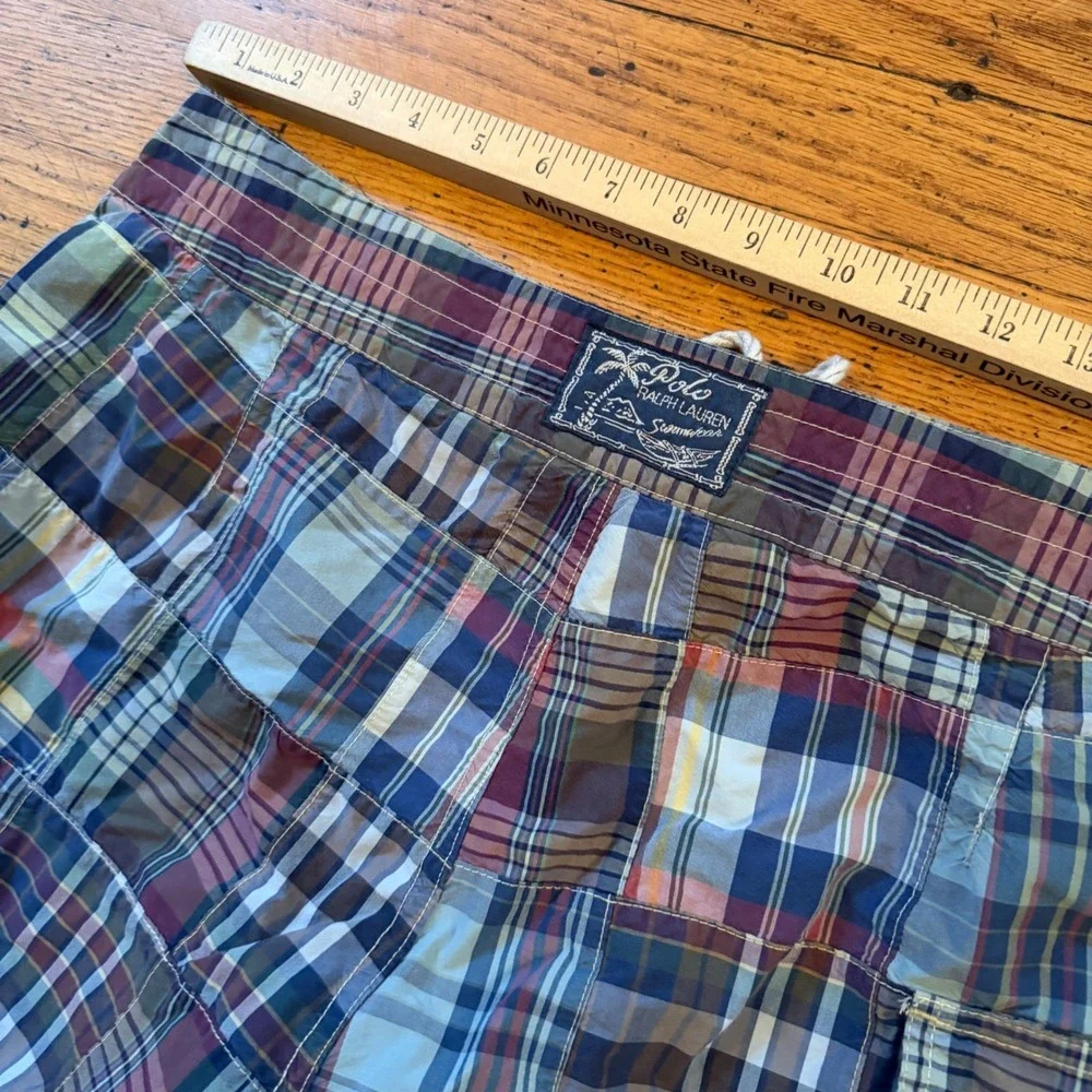 Polo Ralph Lauren Mens Patchwork Madras Plaid Swim Trunks Board Shorts Size 36